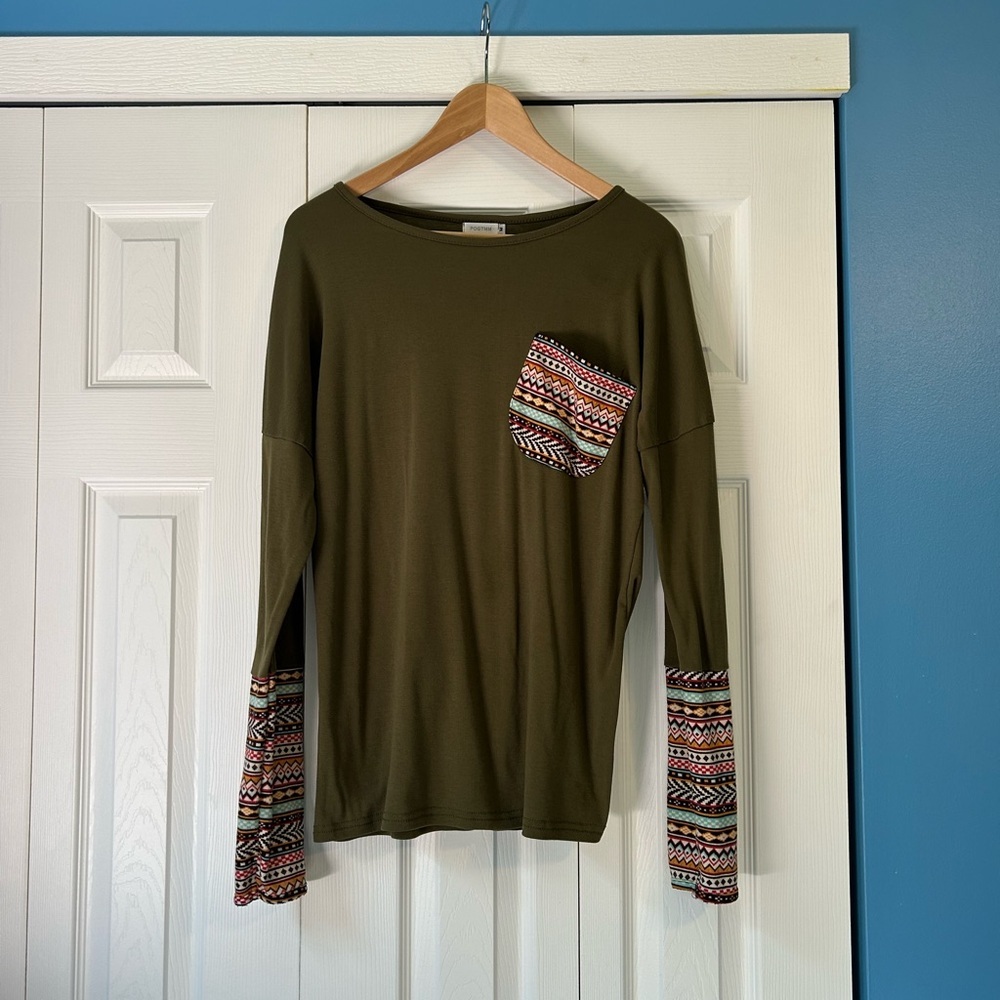 Olive Long Sleeve Top with Patterned Accents